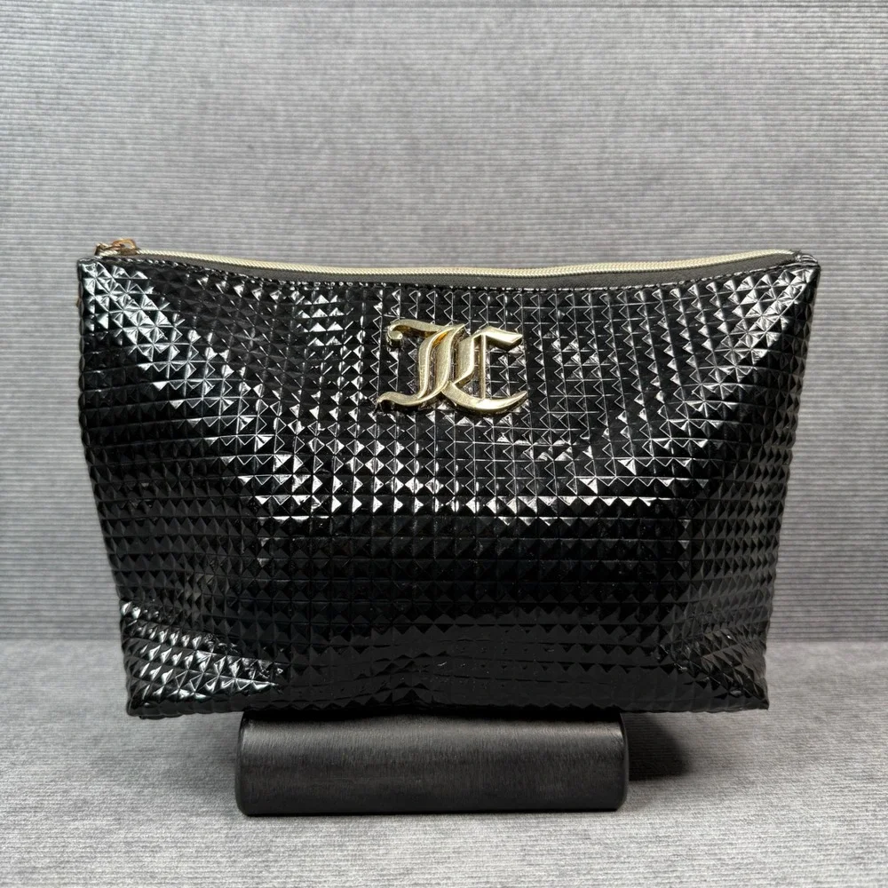 Juicy Couture Black Patent Pyramid Stud Cosmetic Bag Gold JC Logo Pouch 12x8